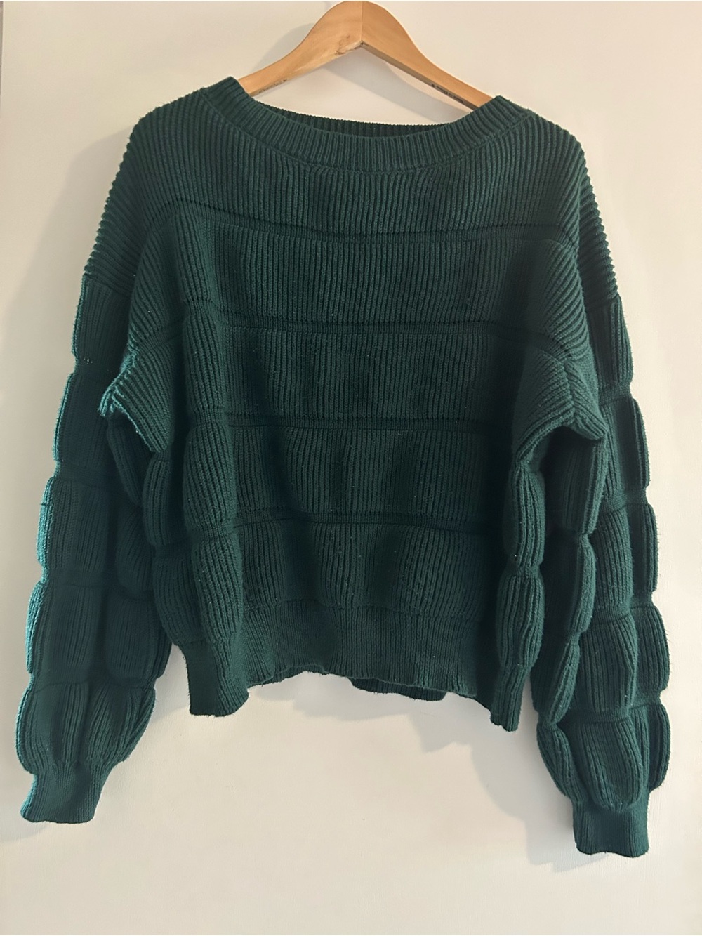 Boxy Textured Crewneck Sweater in Forest Green